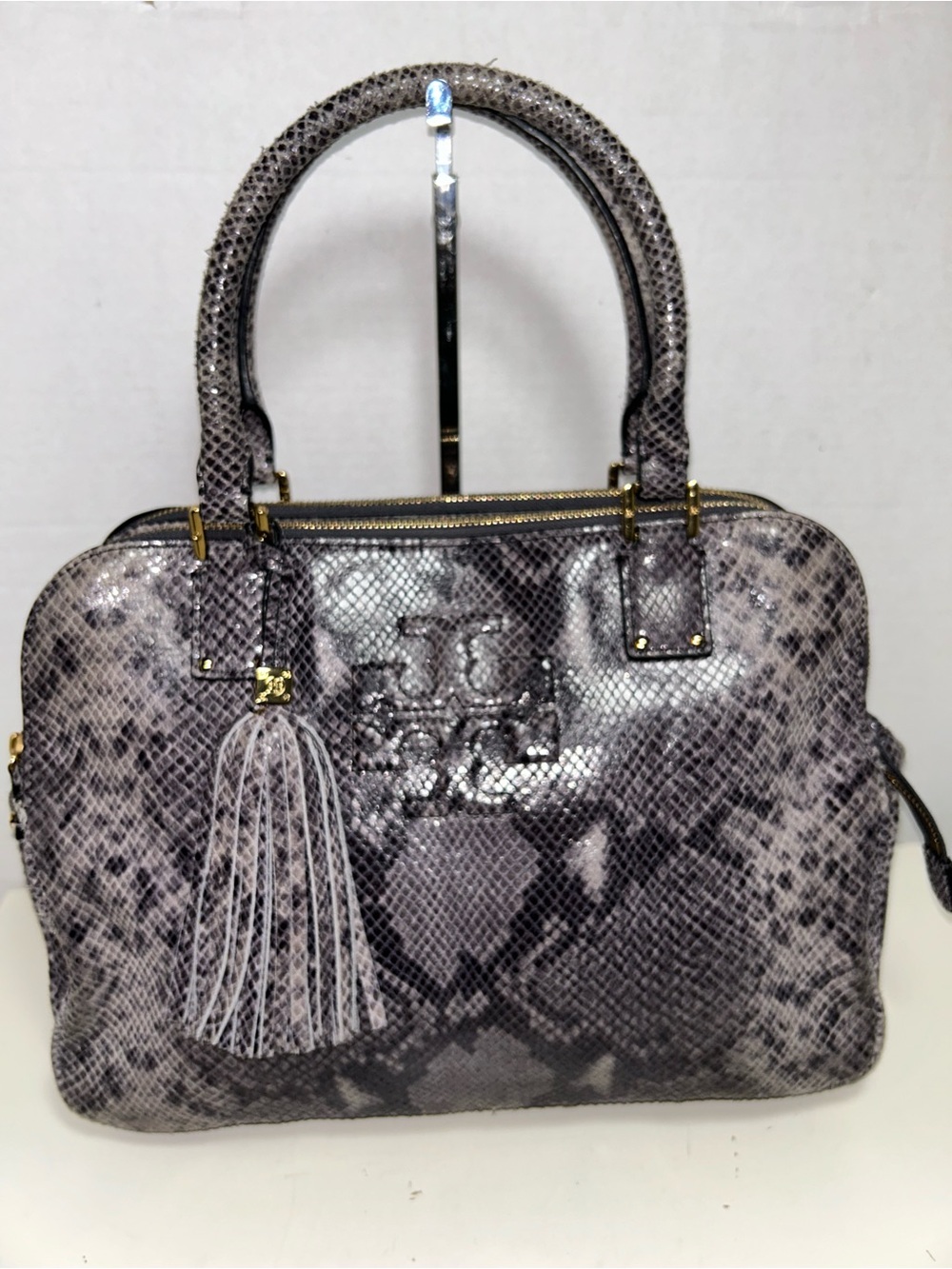 Tory Burch Thea Triple Zip Gray Snake Print Tassel Logo Satchel